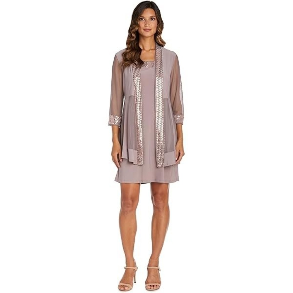 NWT R&M Richards Beige 2 PC Jacket Dress Set Petite Sz 8P/10P Sequin Trim Formal